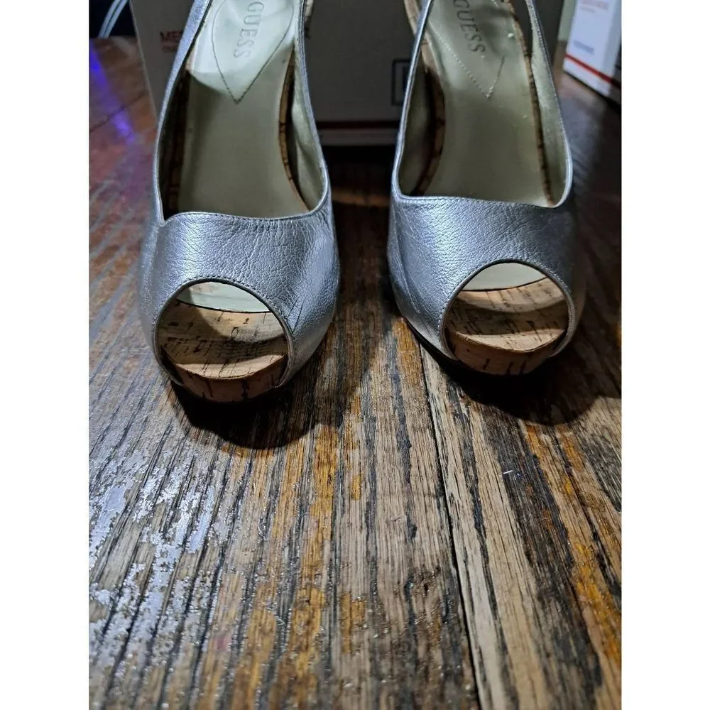 Size 9M Guess Silver Sling Back Peep Toe Cork High Heel Dress Shoes